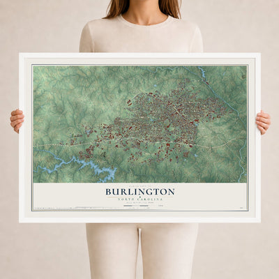 Map of Burlington, North Carolina, 24 x 36 inch print in a white wood frame