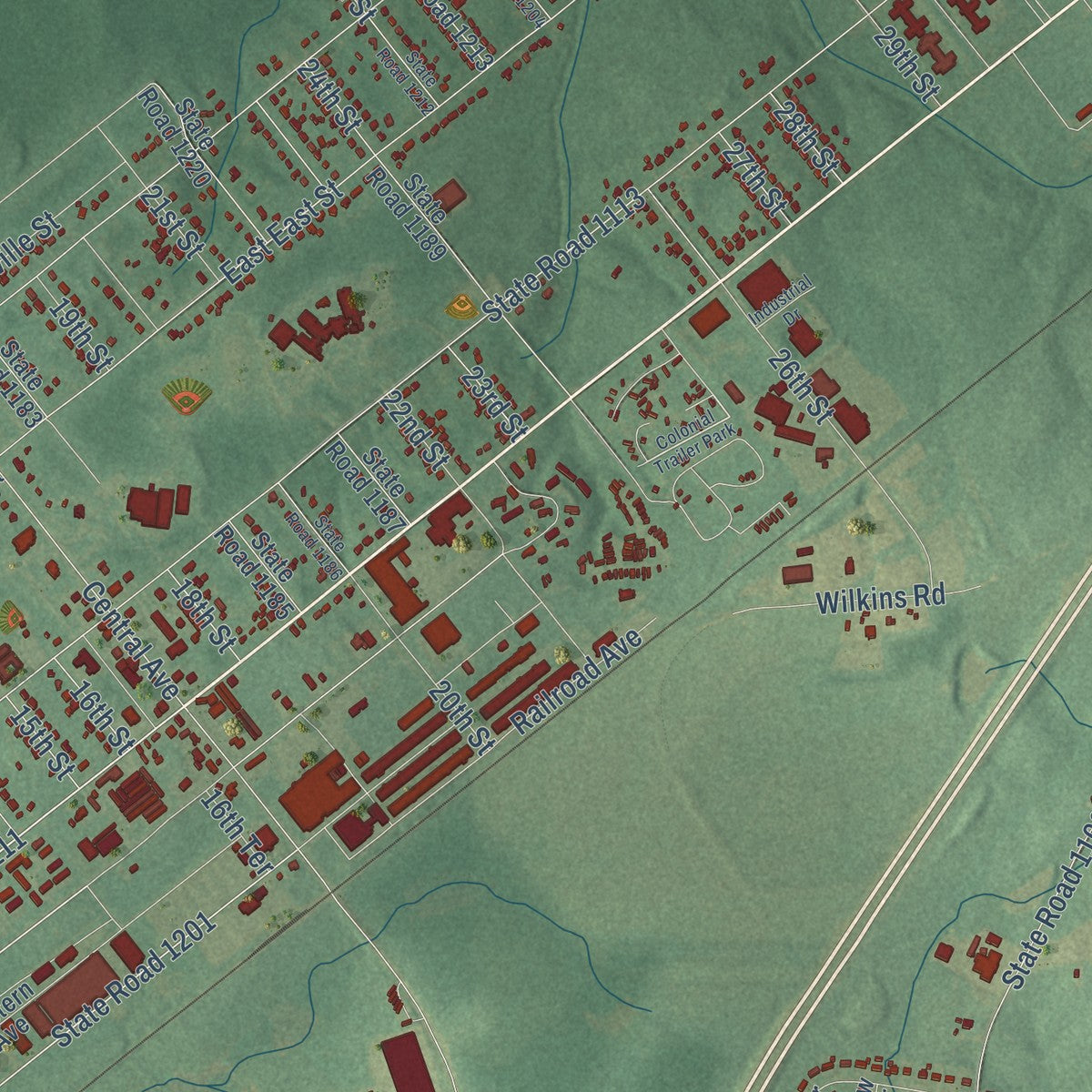 Close-up of the map of Butner, North Carolina print showing street and building detail