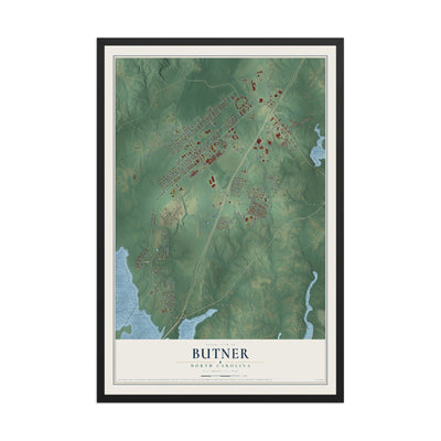 Map of Butner, North Carolina, 12 x 18 inch print in a black wood frame