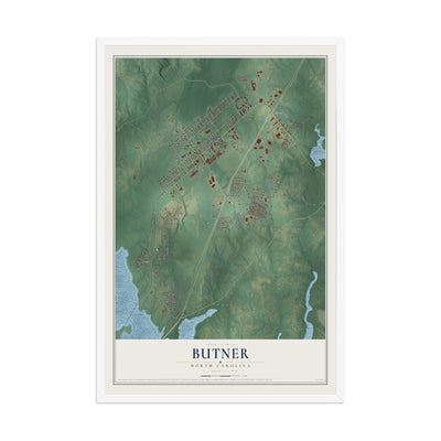 Map of Butner, North Carolina, 12 x 18 inch print in a white wood frame