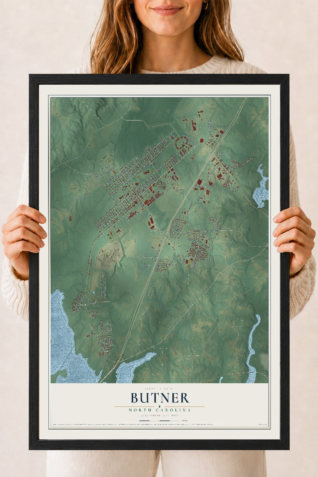 Map of Butner, North Carolina, 18 x 24 inch print in a black wood frame