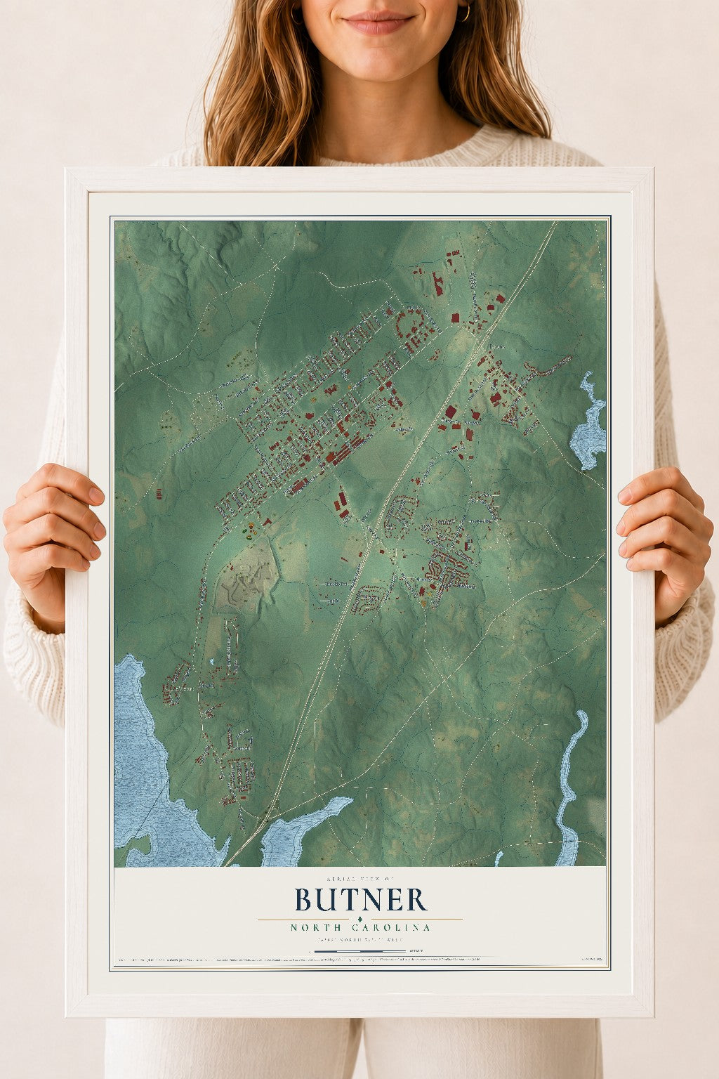 Map of Butner, North Carolina, 18 x 24 inch print in a white wood frame