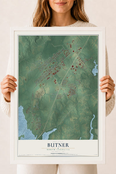 Map of Butner, North Carolina, 18 x 24 inch print in a white wood frame