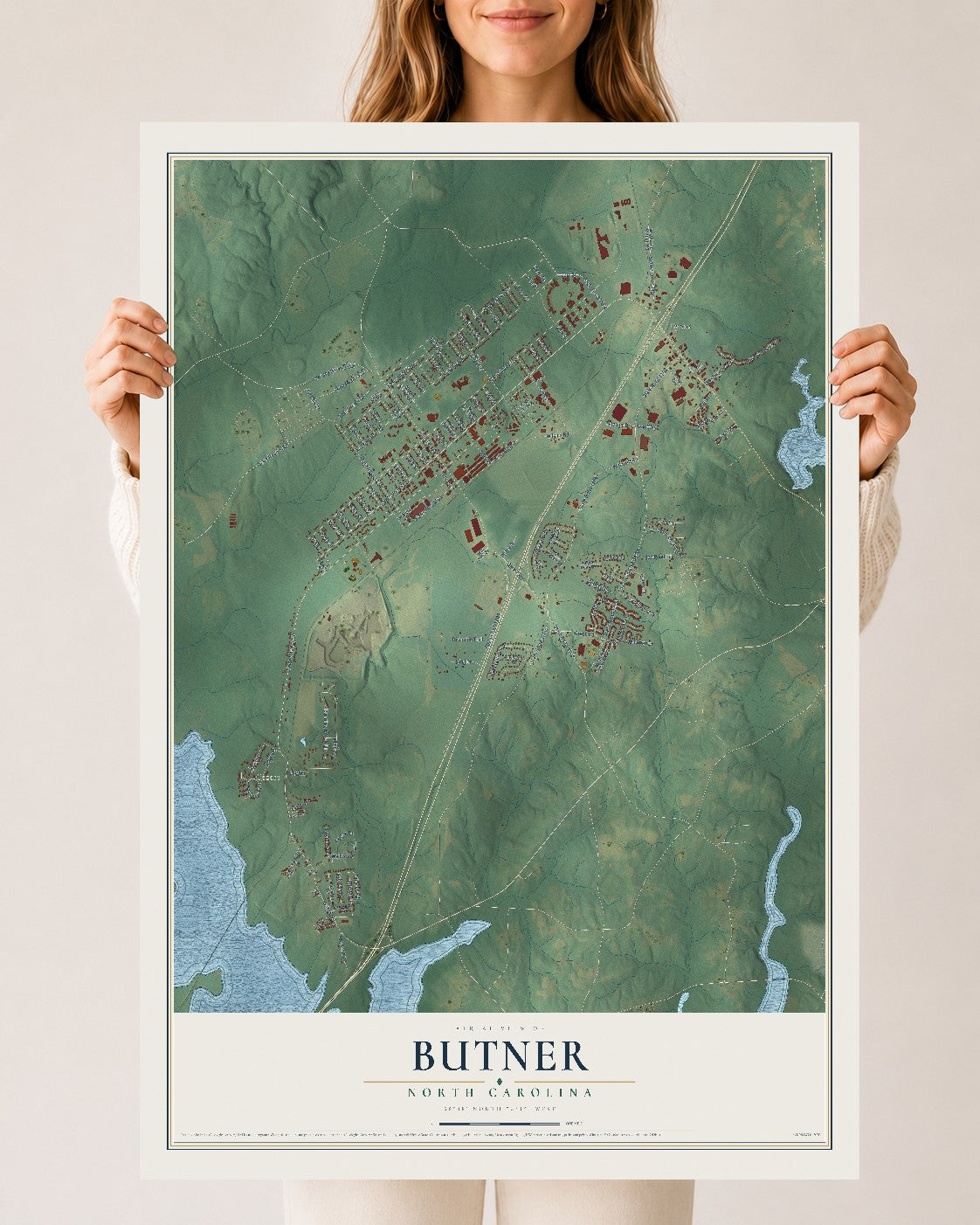 Map of Butner, North Carolina, 24 x 36 inch unframed archival matte print