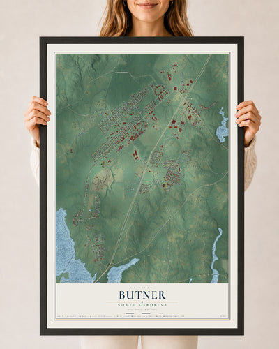 Map of Butner, North Carolina, 24 x 36 inch print in a black wood frame