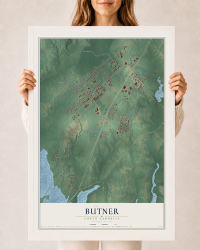 Map of Butner, North Carolina, 24 x 36 inch print in a white wood frame