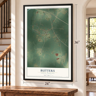 Butters, North Carolina map, 24 x 36 inch print in a black frame by a staircase