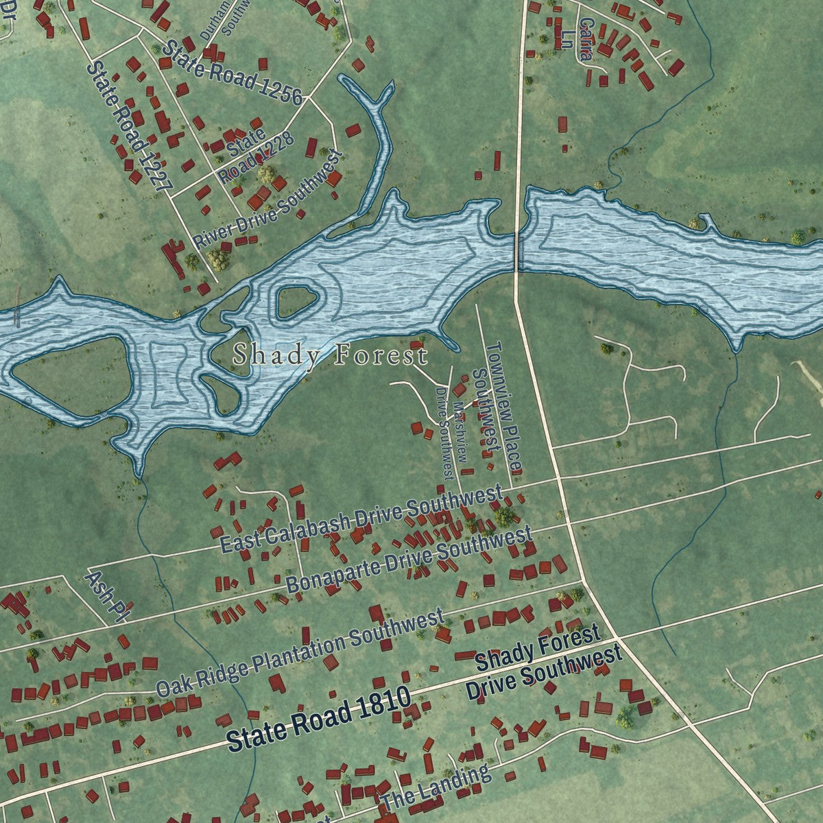 Close-up of the map of Calabash, North Carolina print showing street and building detail