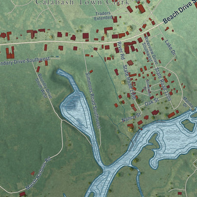 Second close-up of the map of Calabash, North Carolina print showing more streets and buildings