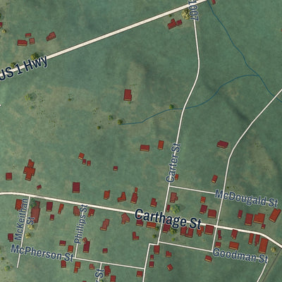 Close-up of the map of Cameron, North Carolina print showing street and building detail