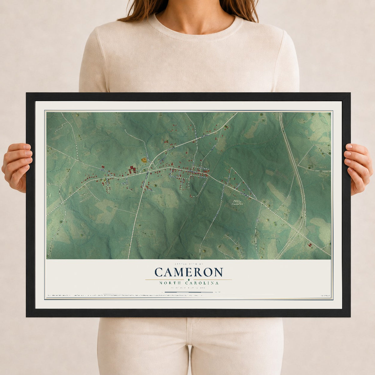Map of Cameron, North Carolina, 12 x 18 inch print in a black wood frame
