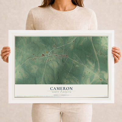 Map of Cameron, North Carolina, 12 x 18 inch print in a white wood frame