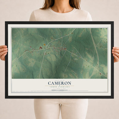 Map of Cameron, North Carolina, 18 x 24 inch print in a black wood frame