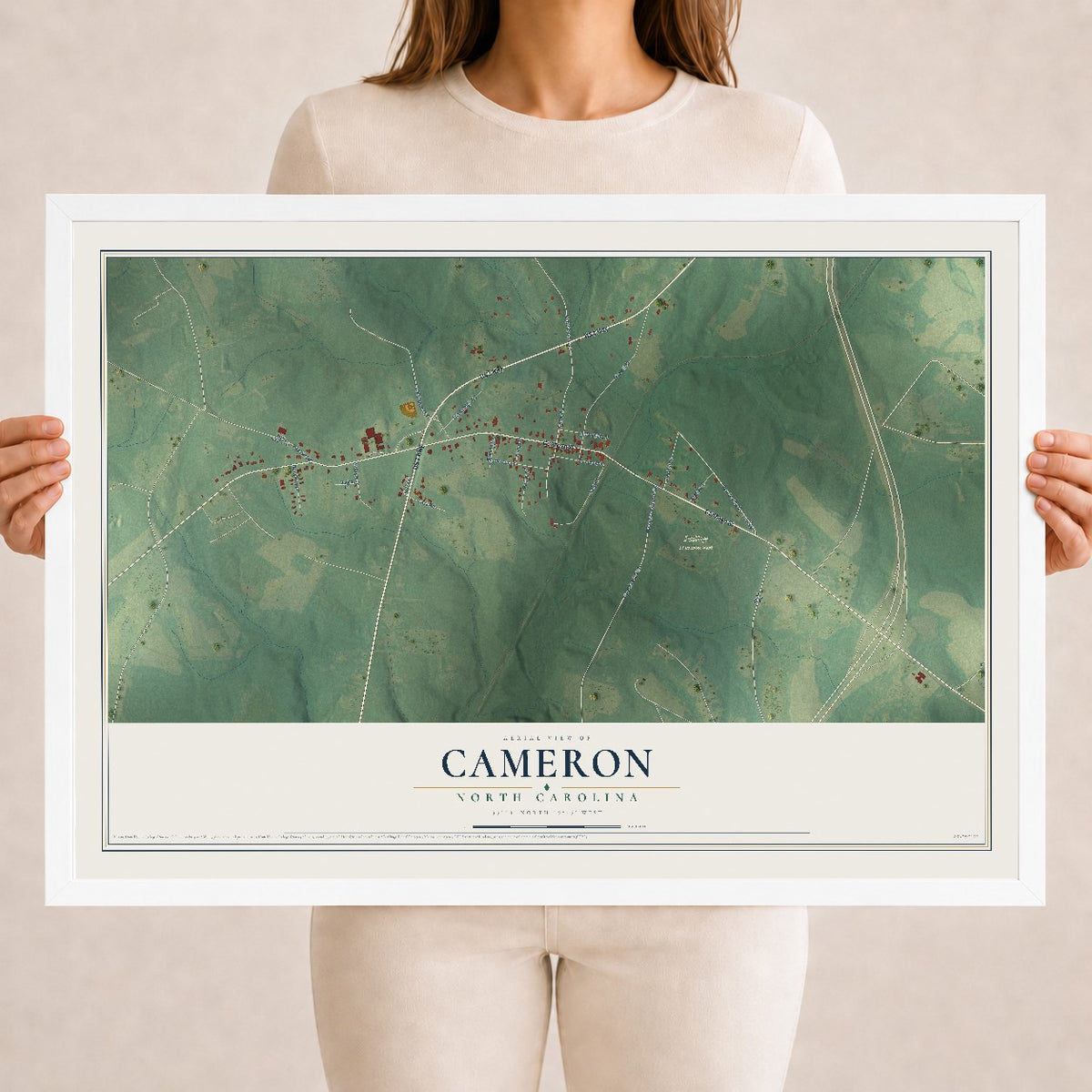 Map of Cameron, North Carolina, 18 x 24 inch print in a white wood frame