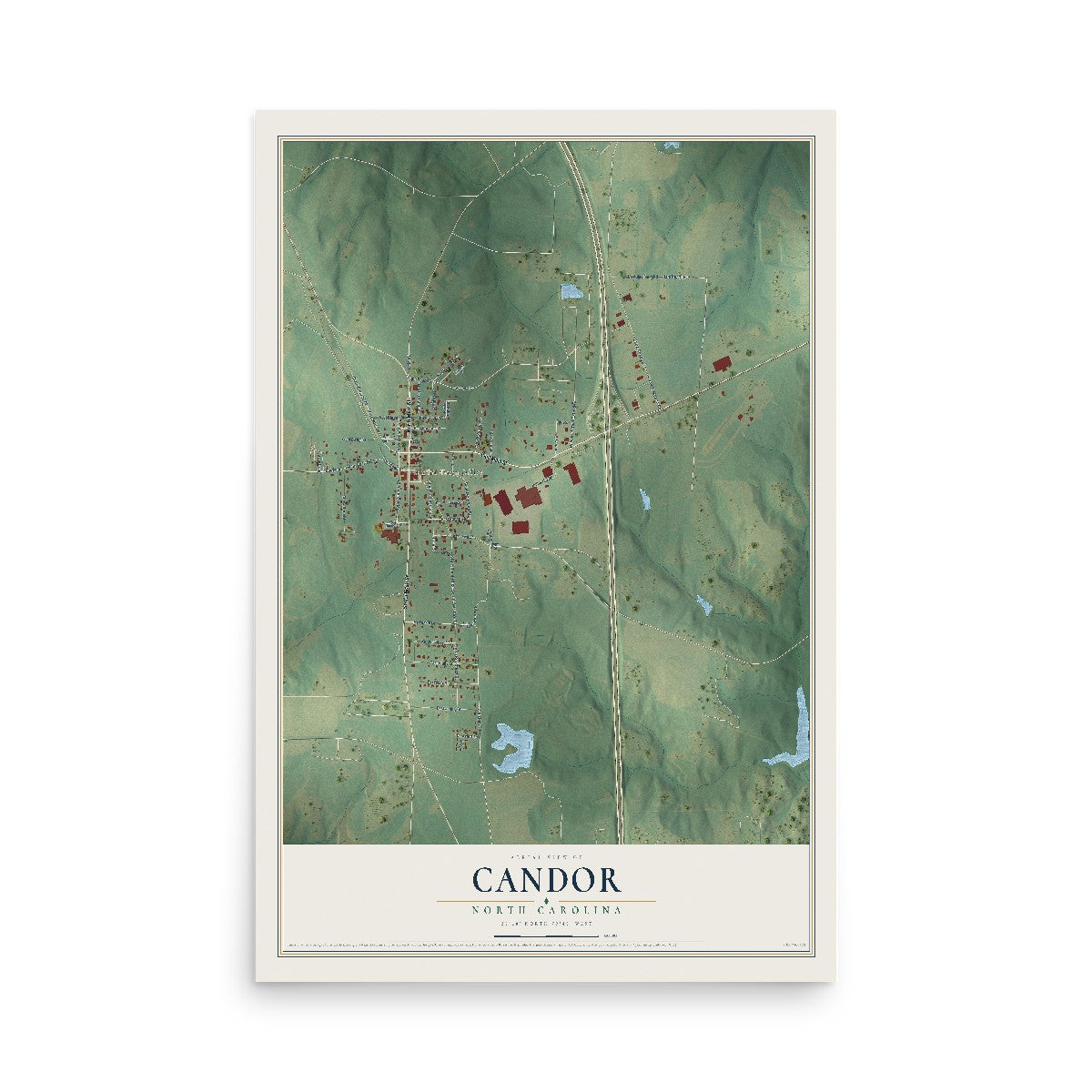 Map of Candor, North Carolina, 12 x 18 inch unframed archival matte print