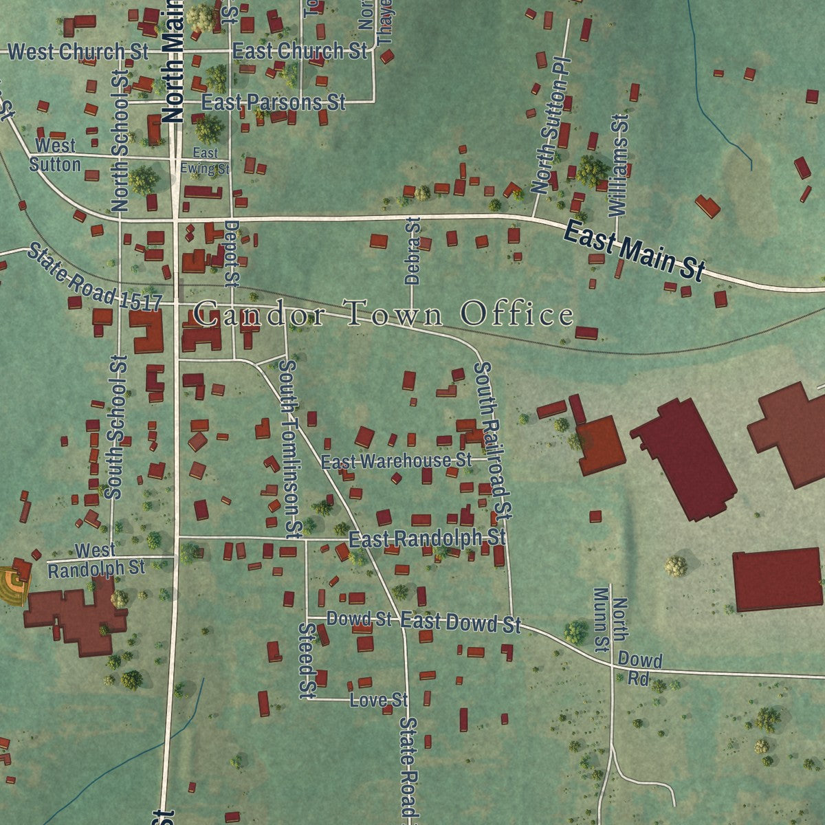 Close-up of the map of Candor, North Carolina print showing street and building detail