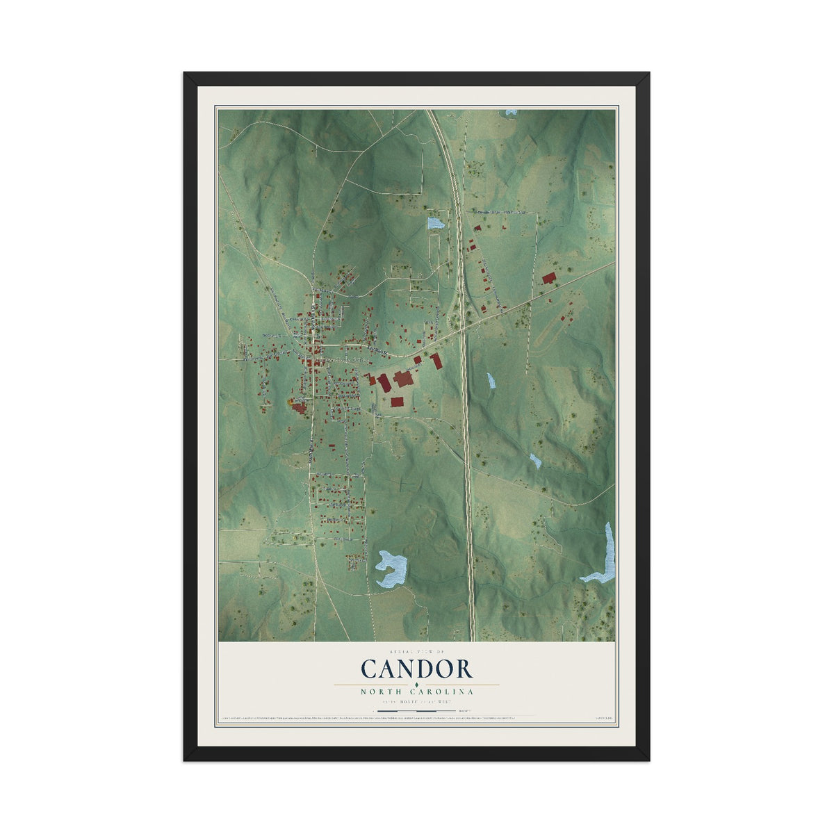 Map of Candor, North Carolina, 12 x 18 inch print in a black wood frame