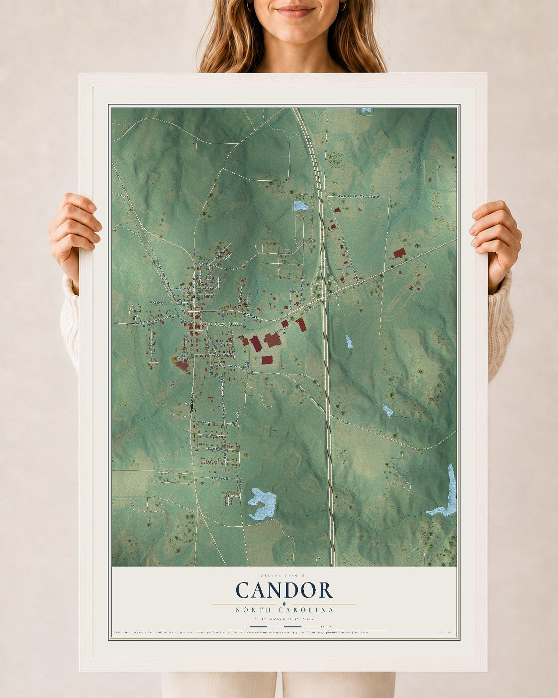 Map of Candor, North Carolina, 24 x 36 inch print in a white wood frame
