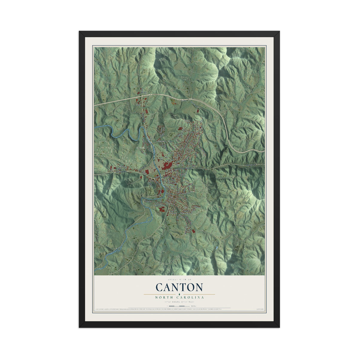 Map of Canton, North Carolina, 12 x 18 inch print in a black wood frame