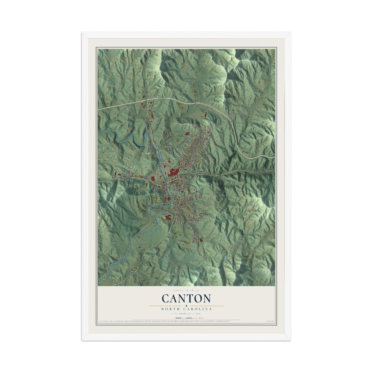 Map of Canton, North Carolina, 12 x 18 inch print in a white wood frame