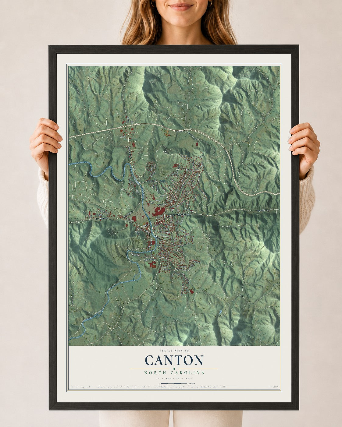 Map of Canton, North Carolina, 24 x 36 inch print in a black wood frame