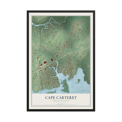 Map of Cape Carteret, North Carolina, 12 x 18 inch print in a black wood frame
