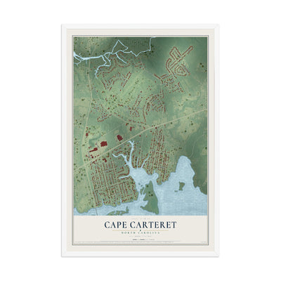 Map of Cape Carteret, North Carolina, 12 x 18 inch print in a white wood frame