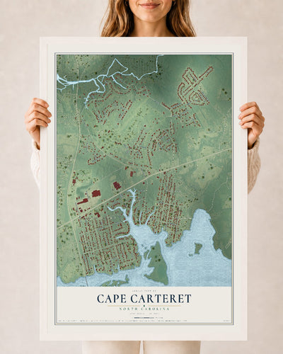 Map of Cape Carteret, North Carolina, 24 x 36 inch print in a white wood frame