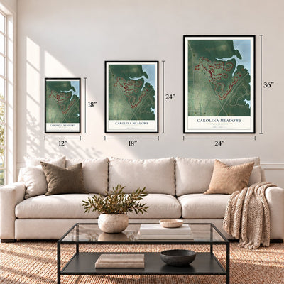 Carolina Meadows, North Carolina map in 12 x 18, 18 x 24 and 24 x 36 inch sizes above a sofa