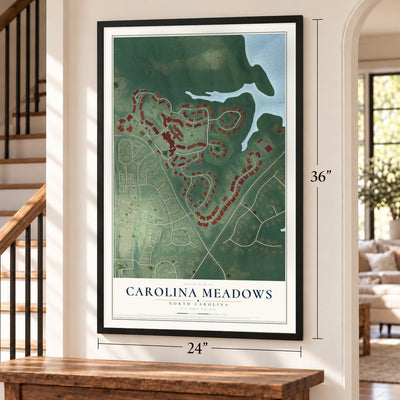 Carolina Meadows, North Carolina map, 24 x 36 inch print in a black frame by a staircase