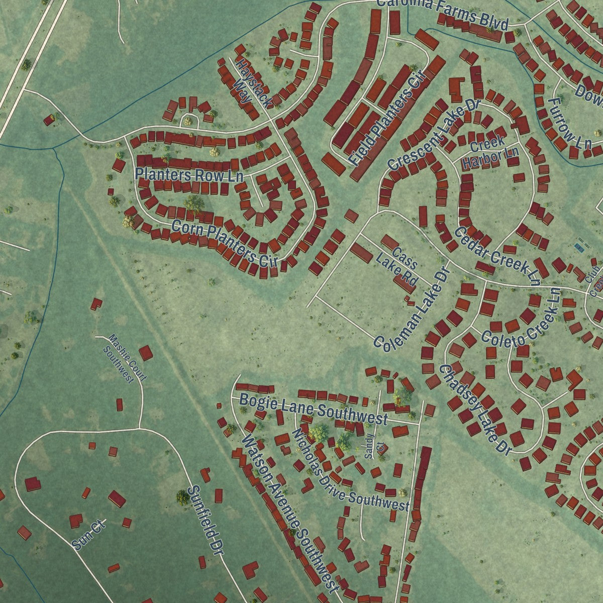 Close-up of the map of Carolina Shores, North Carolina print showing street and building detail