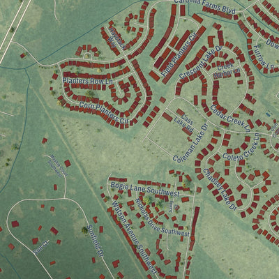 Close-up of the map of Carolina Shores, North Carolina print showing street and building detail