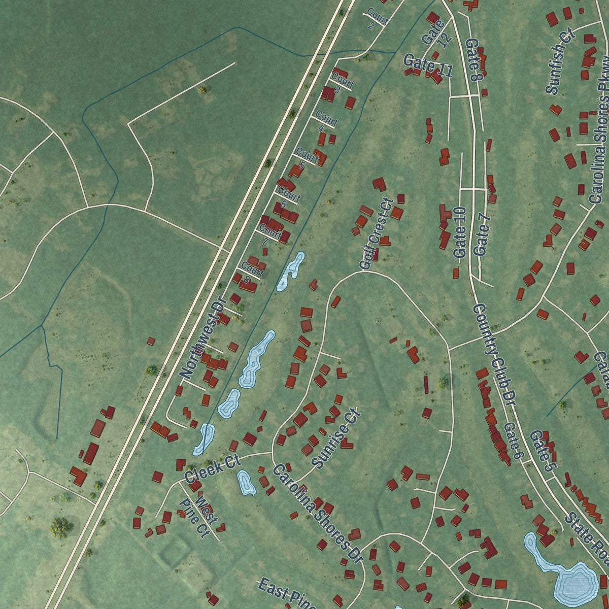 Second close-up of the map of Carolina Shores, North Carolina print showing more streets and buildings