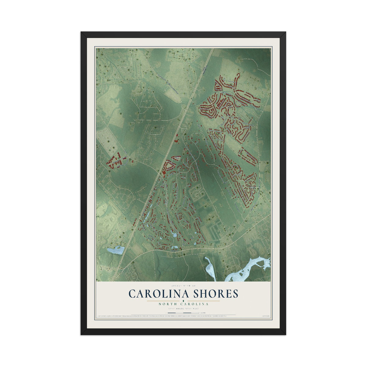 Map of Carolina Shores, North Carolina, 12 x 18 inch print in a black wood frame