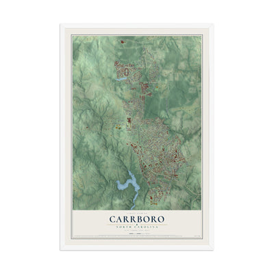 Map of Carrboro, North Carolina, 12 x 18 inch print in a white wood frame