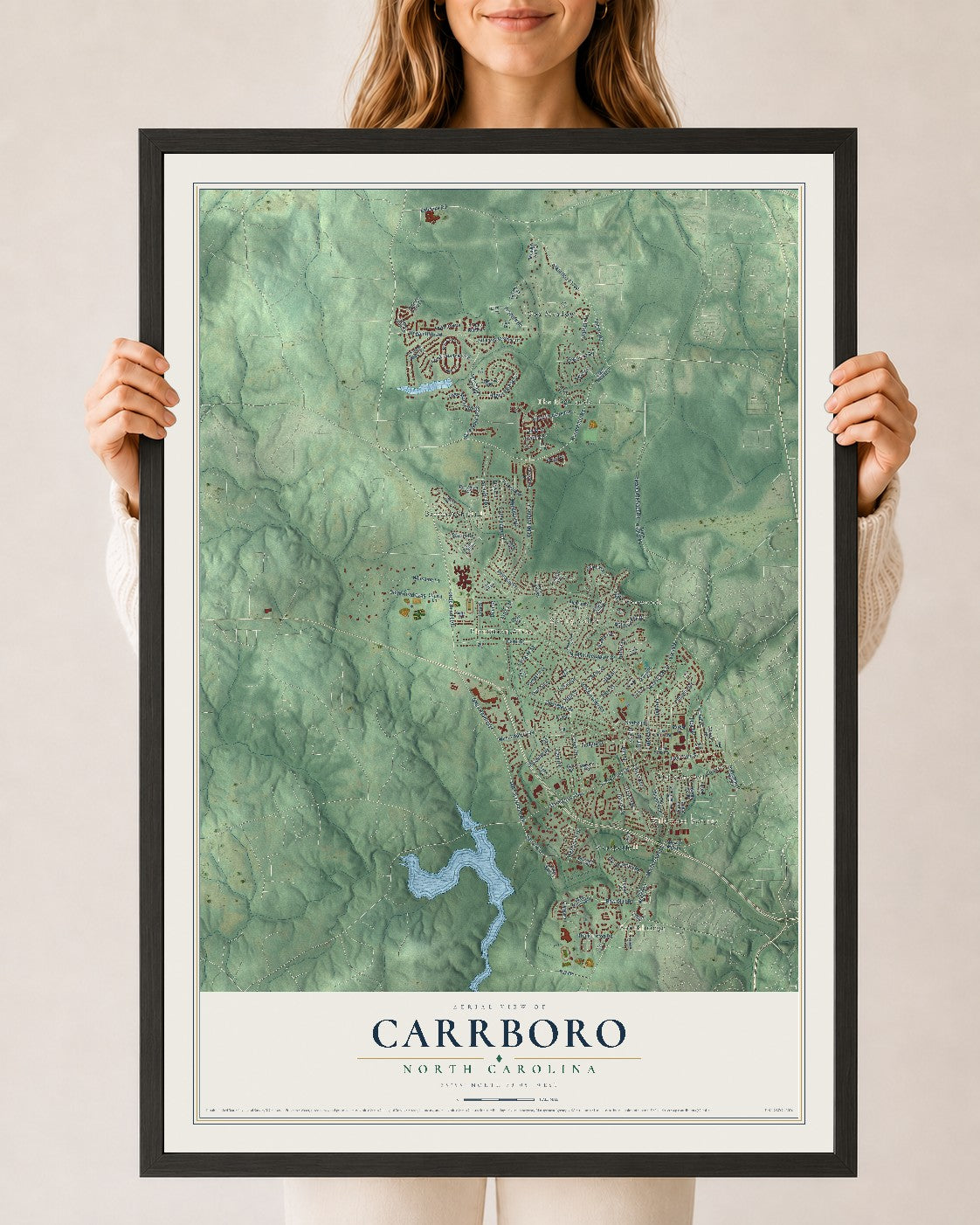 Map of Carrboro, North Carolina, 24 x 36 inch print in a black wood frame