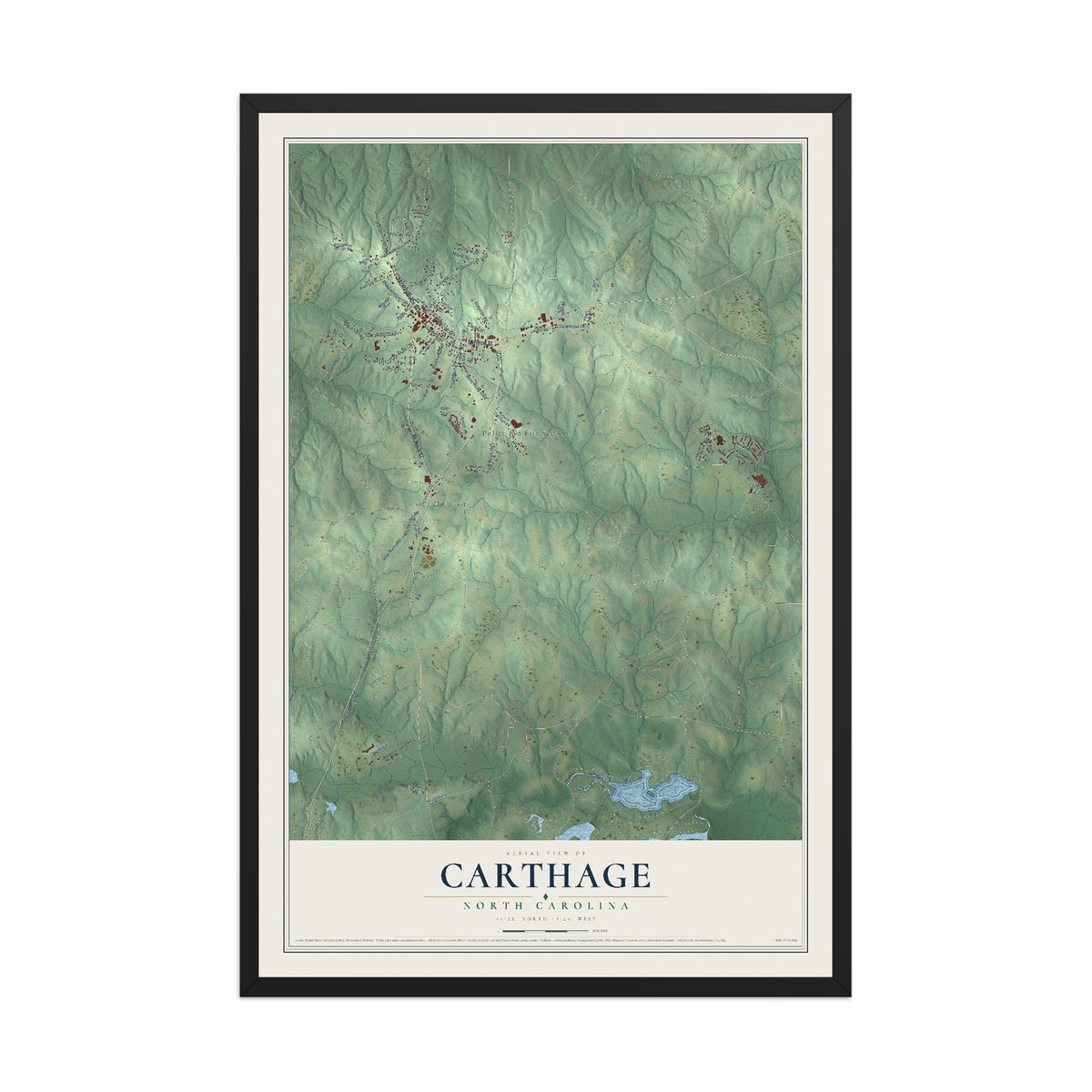 Map of Carthage, North Carolina, 12 x 18 inch print in a black wood frame