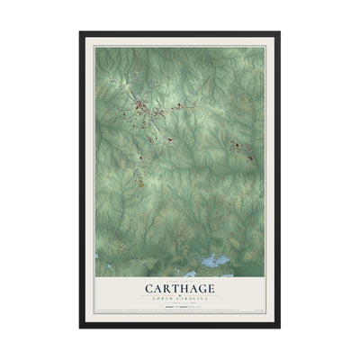 Map of Carthage, North Carolina, 12 x 18 inch print in a black wood frame