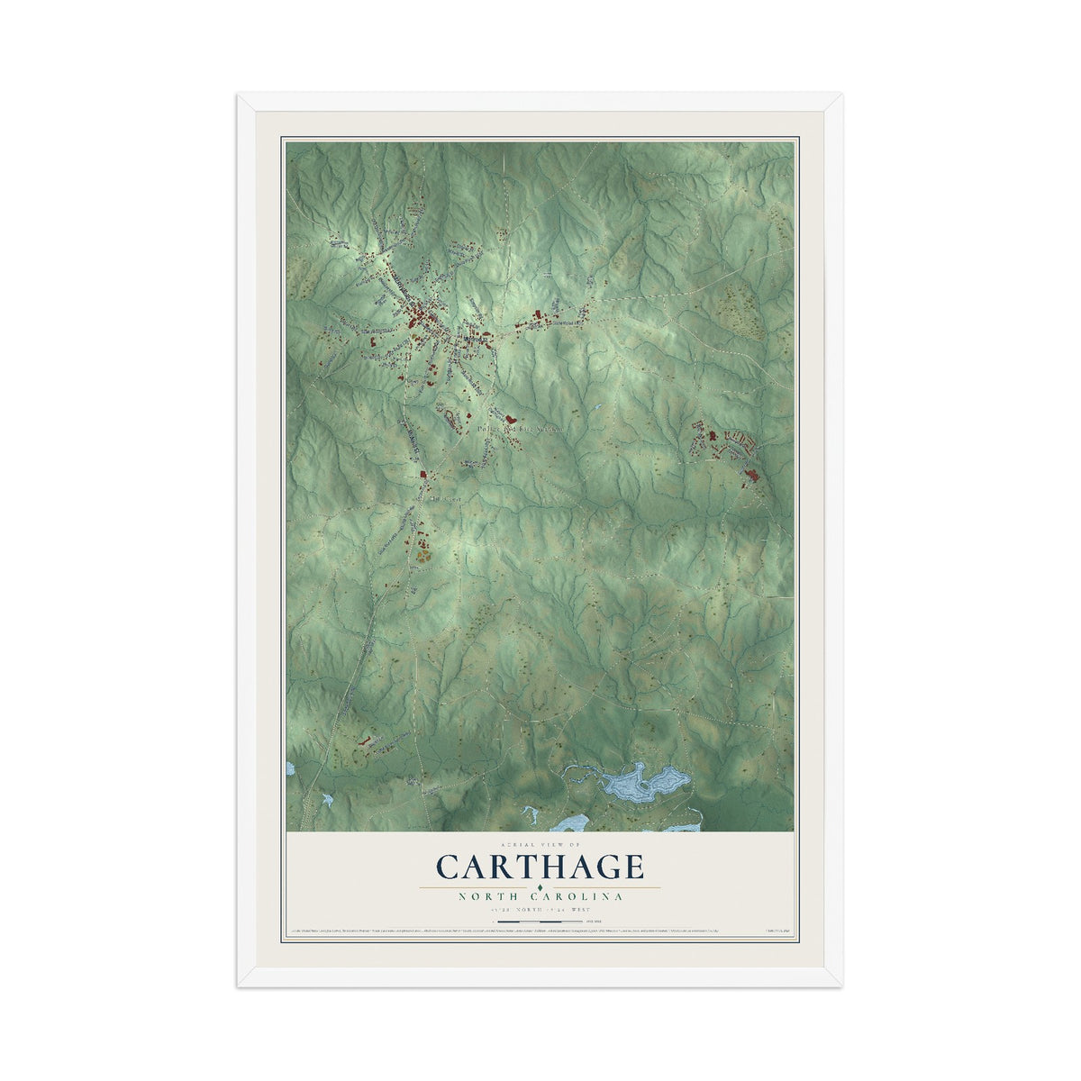 Map of Carthage, North Carolina, 12 x 18 inch print in a white wood frame