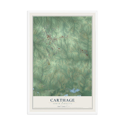 Map of Carthage, North Carolina, 12 x 18 inch print in a white wood frame
