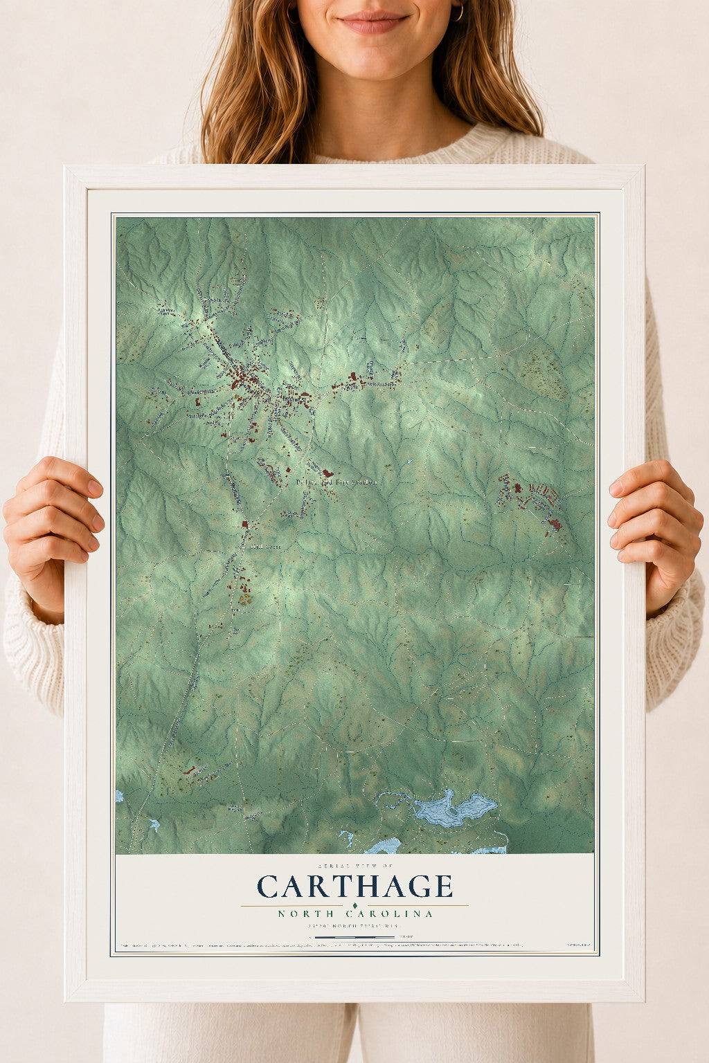 Map of Carthage, North Carolina, 18 x 24 inch print in a white wood frame