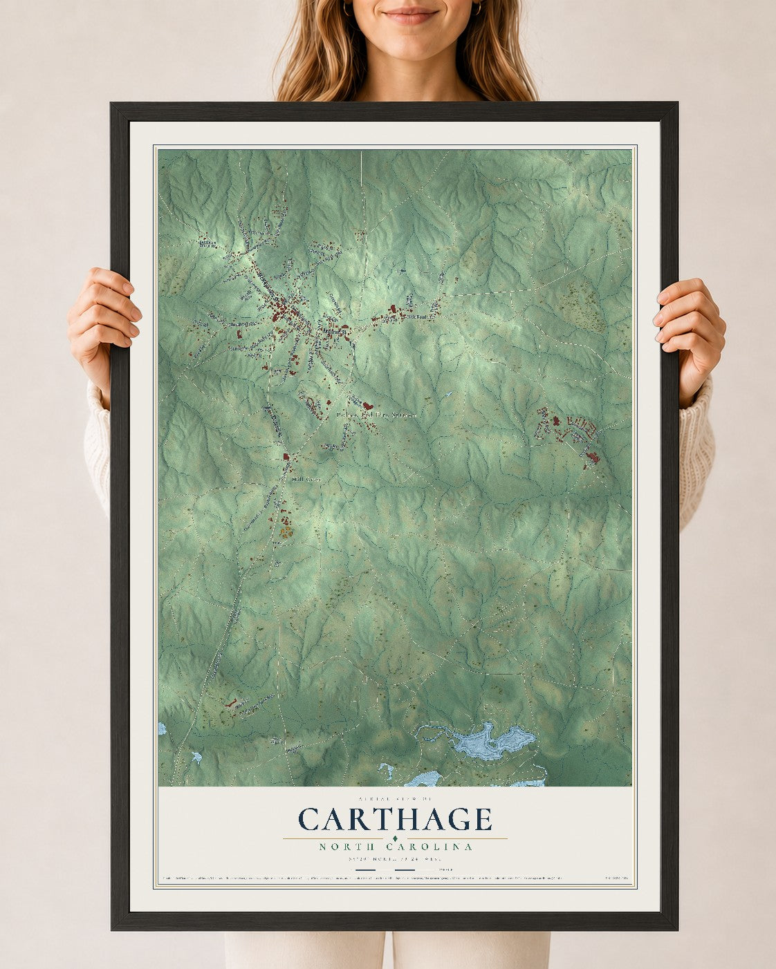 Map of Carthage, North Carolina, 24 x 36 inch print in a black wood frame