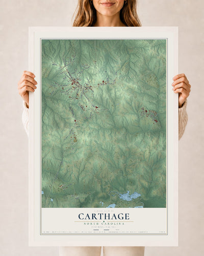 Map of Carthage, North Carolina, 24 x 36 inch print in a white wood frame