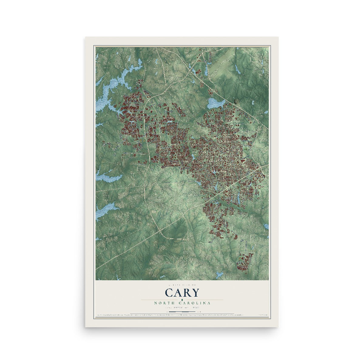 Map of Cary, North Carolina, 12 x 18 inch unframed archival matte print