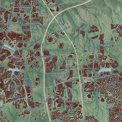 Second close-up of the map of Cary, North Carolina print showing more streets and buildings