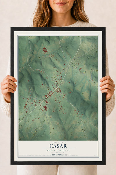 Map of Casar, North Carolina, 18 x 24 inch print in a black wood frame