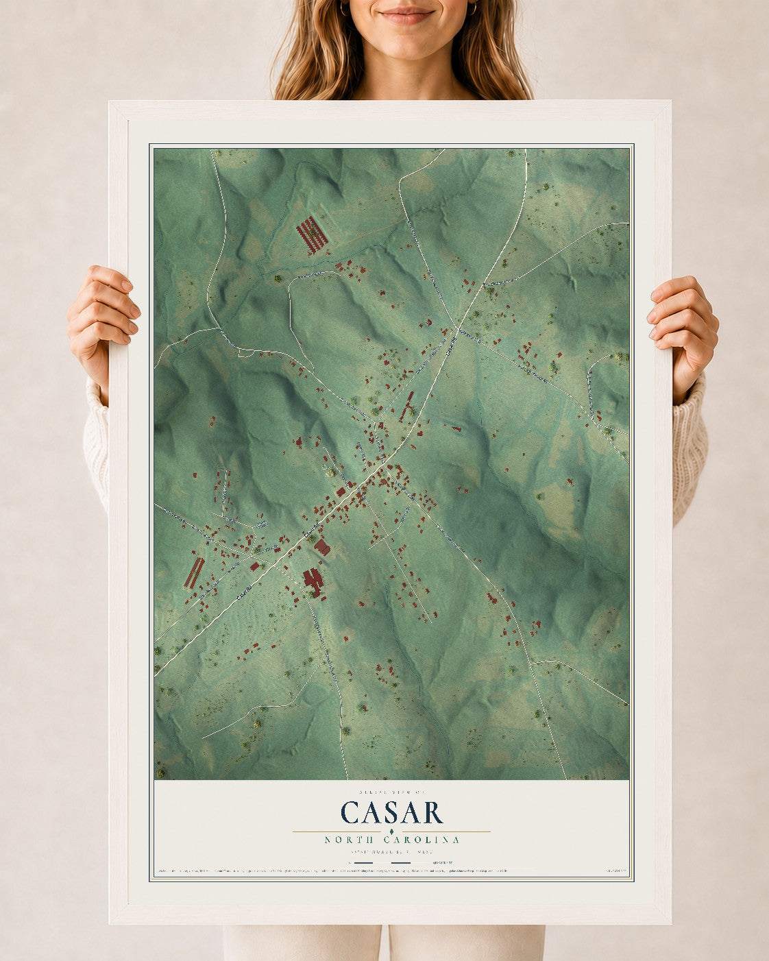 Map of Casar, North Carolina, 24 x 36 inch print in a white wood frame