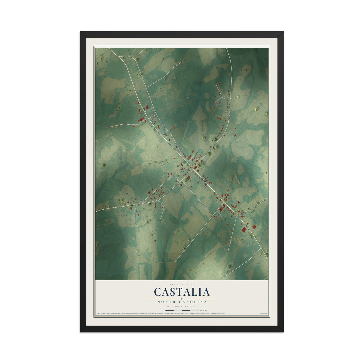Map of Castalia, North Carolina, 12 x 18 inch print in a black wood frame