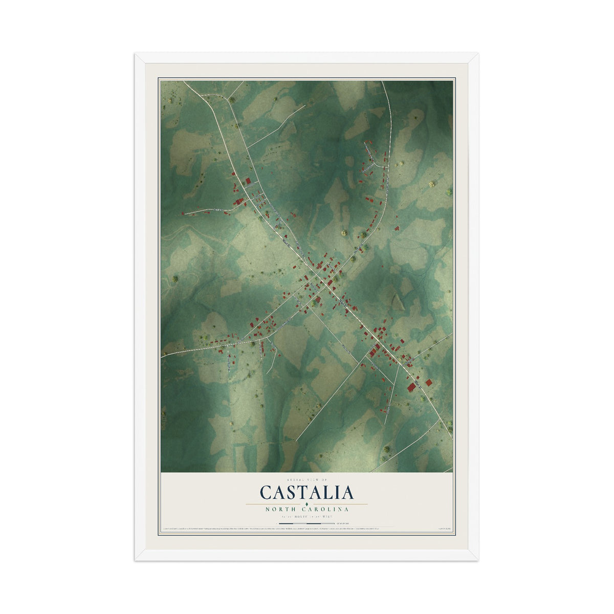 Map of Castalia, North Carolina, 12 x 18 inch print in a white wood frame