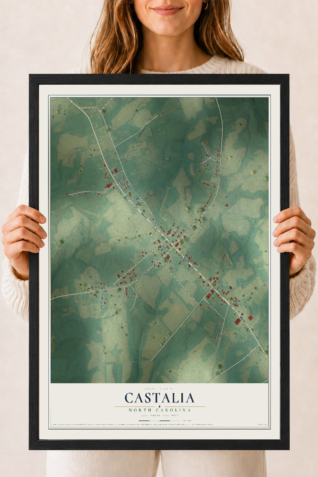 Map of Castalia, North Carolina, 18 x 24 inch print in a black wood frame
